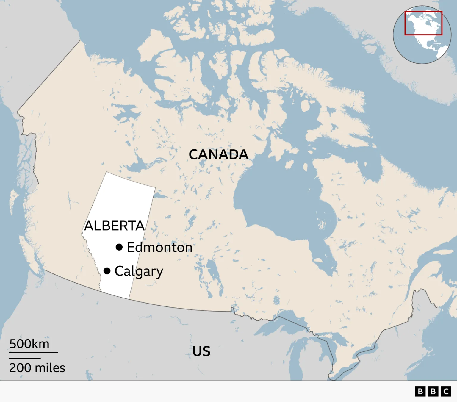 Map of Canada highlighting the province of Alberta in western Canada. Alberta is shaded and labelled, with two major cities marked: Edmonton in the central part of the province and Calgary further south. The wider map shows Canada extending eastward and the United States to the south. Coastlines, lakes and rivers are shown in pale blue, and surrounding land is in light beige. An inset map in the top right shows the location within North America.