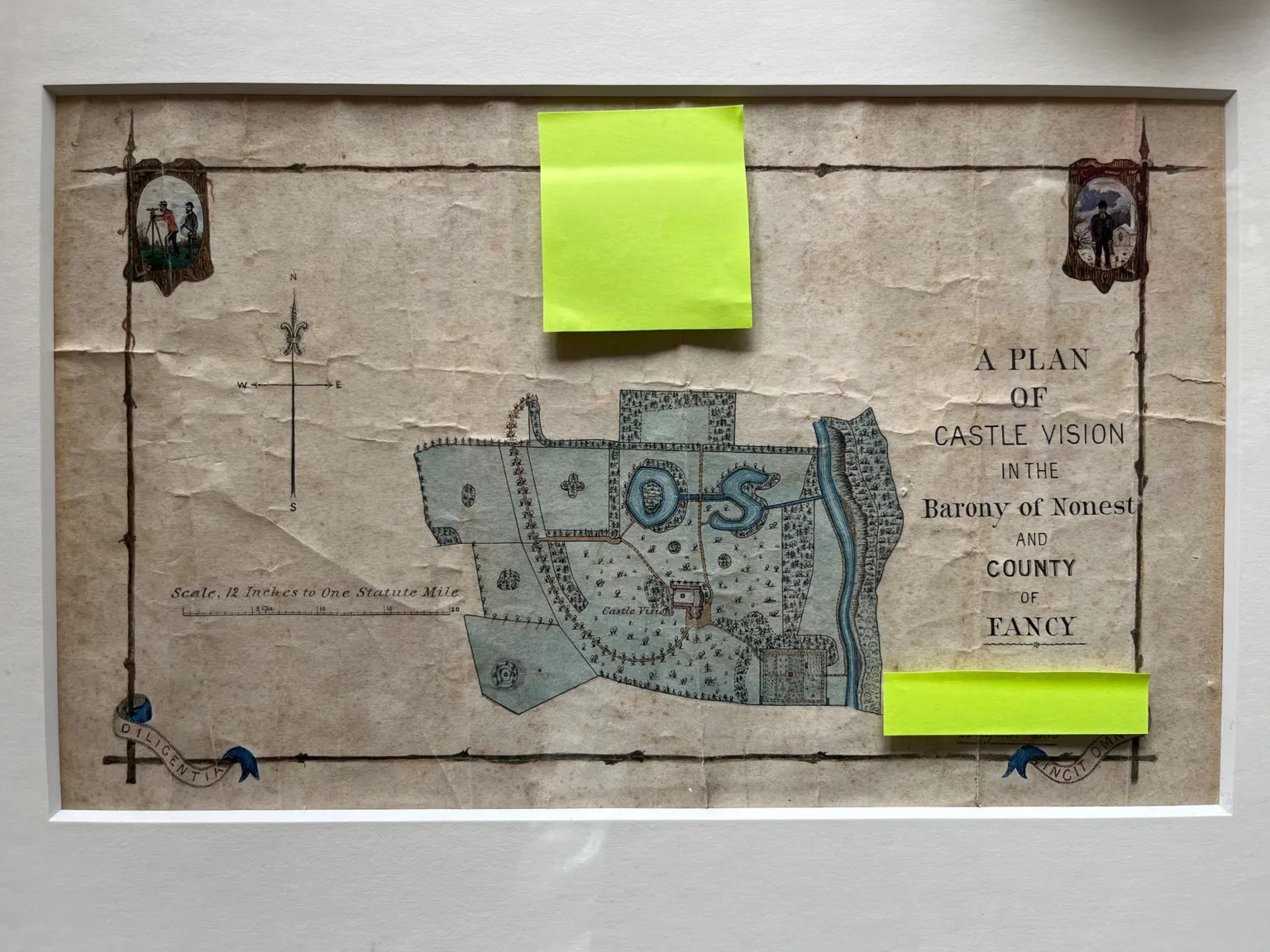 Maggie O'Farrell Map with a painting on the top left of O'Farrell's great great grandfather with a Red coat soldier and on the top right as an older man. On the right are the words A PLAN OF CASTLE VISION IN THE Barony of Nonest and COUNTY OF FANCY Map in the middle Compass on the left (yellow post-it notes cover up details that would identify the author's relatives) 