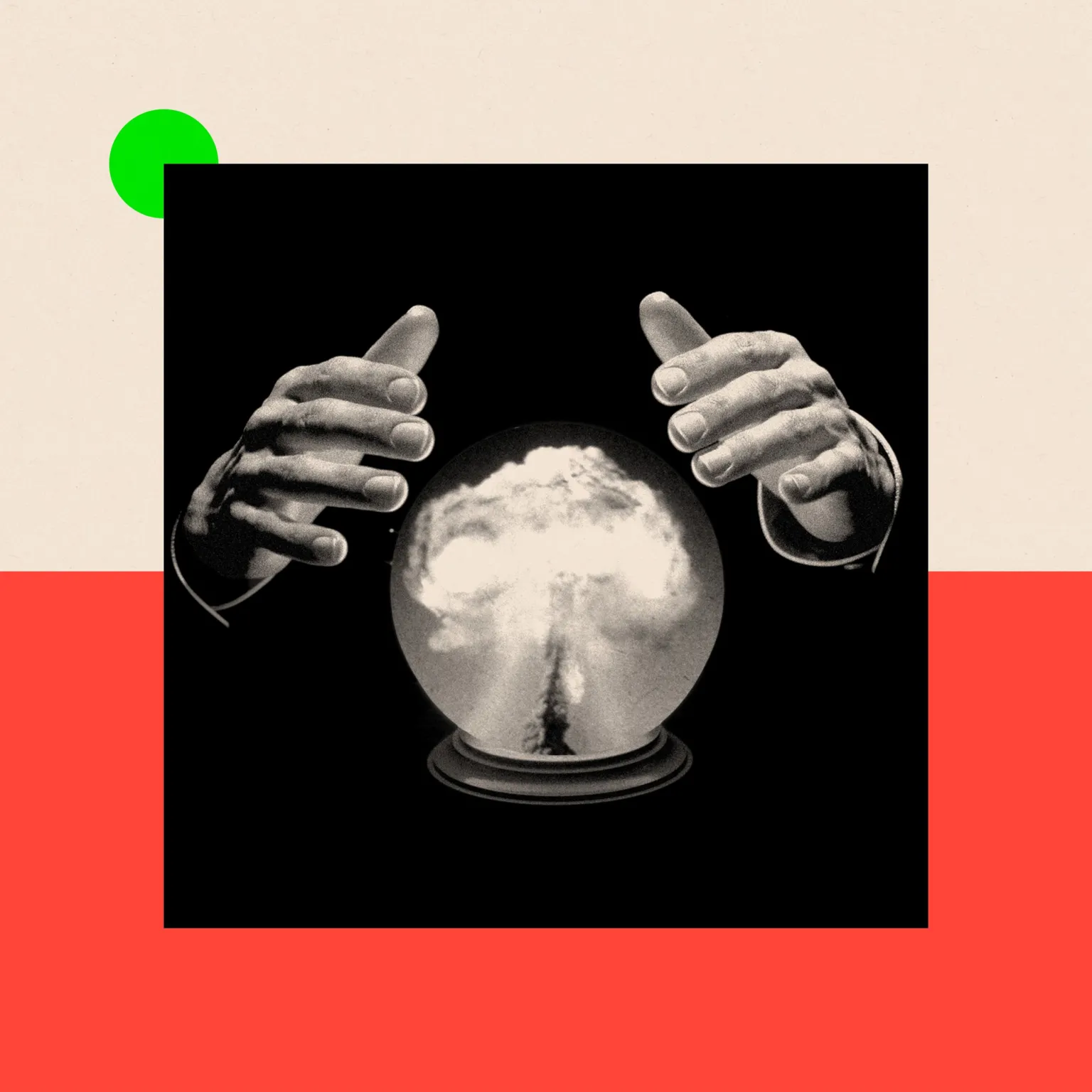 BBC A black and white image showing a pair of hands hovering above a crystal ball with bomb smoke rising in the middle
