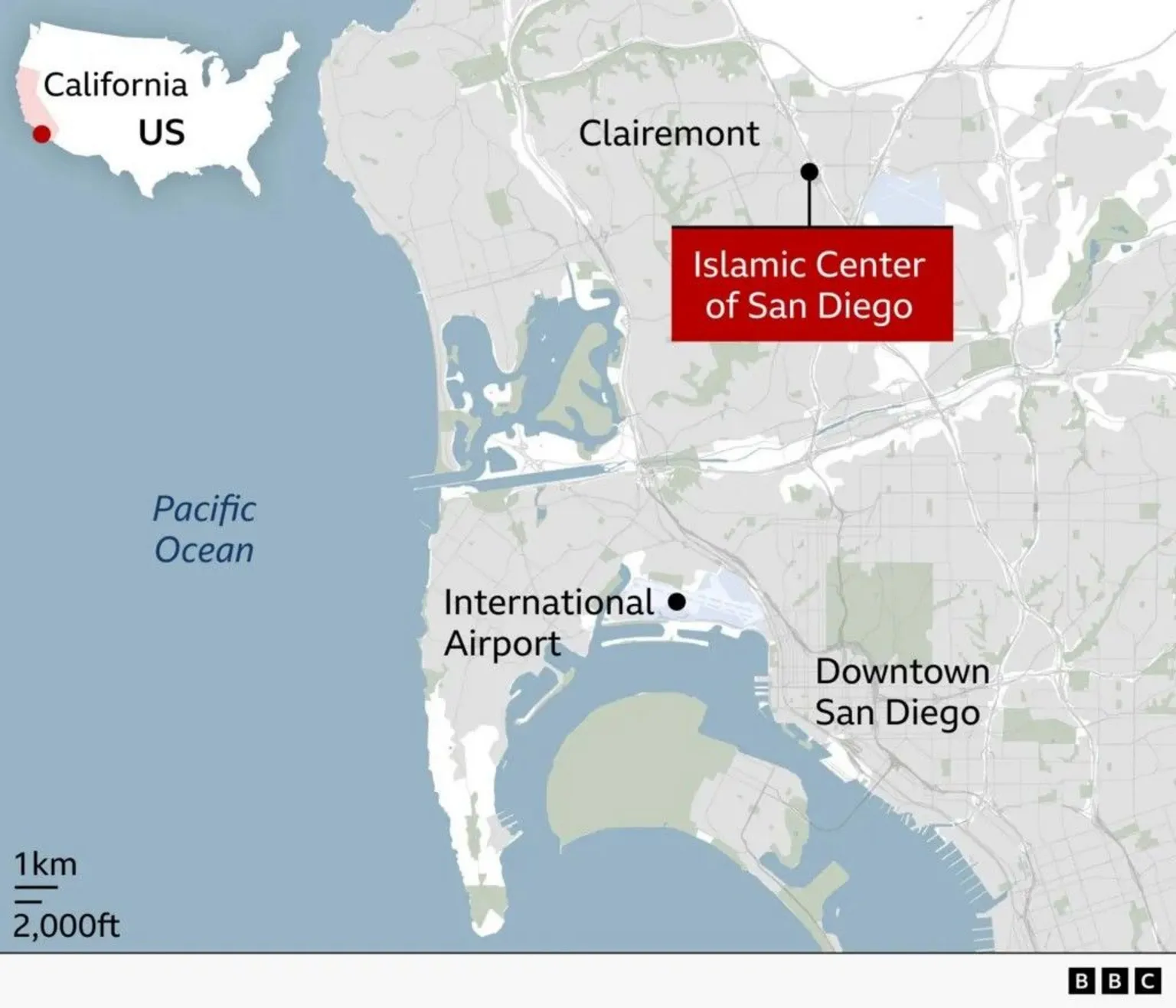 A map showing the Clairemont and San Diego area where a shooting took place at the Islamic Center of San Diego. 